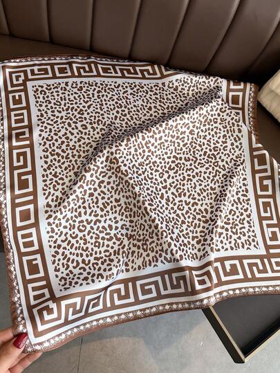 1pc Luxury Brand High-End Leopard Print Scarf, Lightweight Sun Protection Shawl For Women, Faux Silk Square Scarf, Suitable For Beach, Daily, Vacation, Fashion Handbag Decoration Ribbon