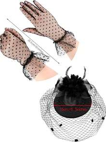 3 件套女士头饰帽子，含蕾丝手套，适合茶会、50 年代复古婚礼头纱和发夹 - 黑色 - 查看 3