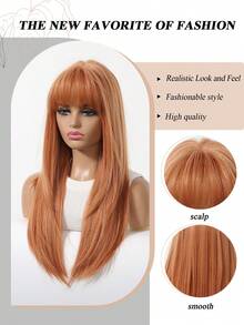 24英寸长直橙色假发，带刘海，派对假发，耐热合成纤维，适合音乐节、派对、角色扮演和其他场合。 - 橘色 - 查看 9