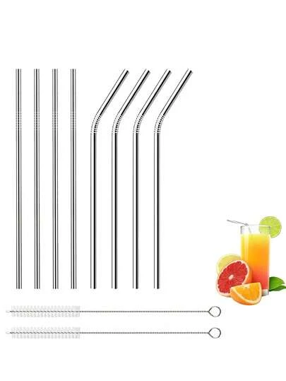 8pcs Stainless Steel Straws, Reusable Metal Drinking Straws, Reusable Metal Drinking Straws 215mm Stainless Steel Drinking Straws For Cocktail, Milkshake, Cold/Hot Drinks With Cleaning Brushes