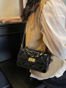 Fashionable High-Quality Quilted Embroidery Design Flap Metal Buckle Small Square Bag With Chain Strap, Elegant Shoulder/Crossbody Bag For Women - Black - View 6
