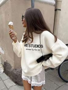 2026新款优雅街头风休闲针织长袖圆领字母印花刺绣套头毛衣，黄白 - 白色 - 查看 5