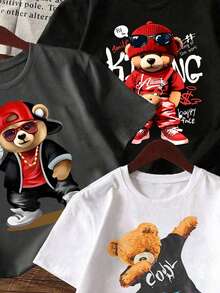 3件装 小男孩卡通熊字母印花短袖T恤 - 彩色 - 查看 3