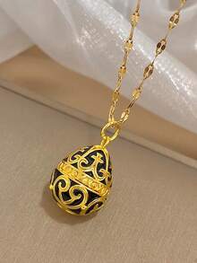 1件18K镀金白色珐琅镂空彩蛋吊坠不锈钢项链，女士奢华珠宝，适合复活节、情人节、派对、晚宴、日常佩戴、约会、狂欢节、新年、婚礼、海滩、圣诞节、周年纪念日等场合，优雅妈妈礼物，波西米亚风珠宝，生日伴娘礼物