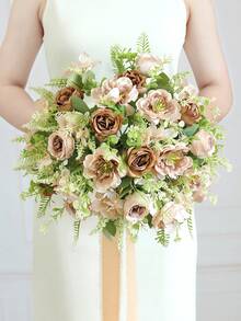 1支/3支粉色人造绣球花假牡丹丝绸花玫瑰花束，适用于家居婚礼新娘捧花装饰，假玫瑰花束丝绸雏菊蒲公英散装，适用于婚礼家居派对装饰餐桌摆件 - 咖啡色 - 查看 7