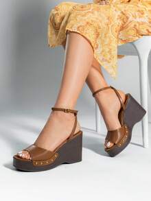 Women's Wedge Sandals 3.94inch Platform Square-Toe Dressy Ankle Buckle Studded Fashion Elegant Sandals Summer Brown Shoes - màu nâu - Xem 3