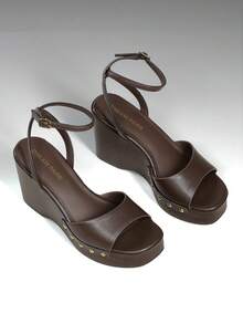 Women's Wedge Sandals 3.94inch Platform Square-Toe Dressy Ankle Buckle Studded Fashion Elegant Sandals Summer Coffee Brown Shoes - 咖啡棕 - 查看 6