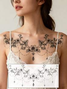 黑色大号胸部临时纹身贴纸，浪漫情人节玫瑰/野玫瑰/蝴蝶结/新月/流苏维多利亚复古风格性感临时纹身贴纸，适用于胸部、腹部和背部，DIY嘉年华/情人节/派对/节日礼物，防水逼真身体纹身贴纸，1包 - 黑色 - 查看 5