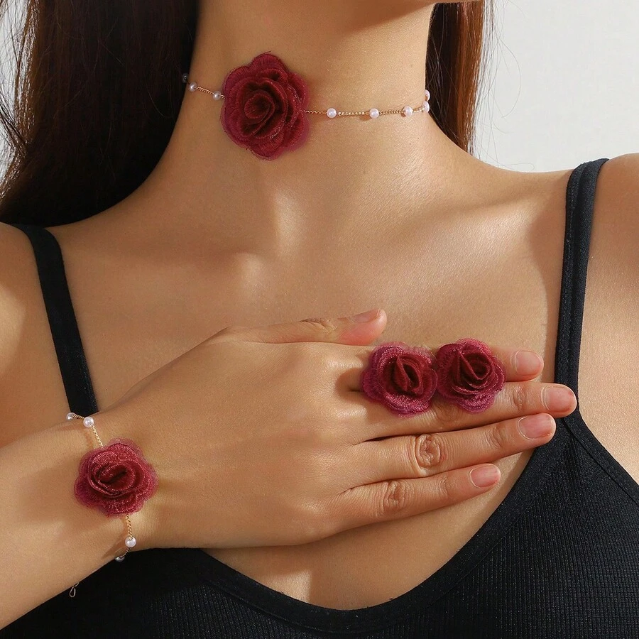 4pcs/Set Fashionable & Elegant Fabric Red Rose Earrings, Bracelet, Necklace Jewelry Set, Suitable For Banquet, Wedding, Valentine's Day And Other Occasions - Red - View 1