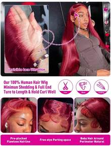 NATAN 99J Burgundy 4x1 Long Straight Lace Front Synthetic Wig Women'S 26 Inches, Soft Straight Pre-Pulled Bleached Knot Heat Resistant Fiber Cosplay Daily Party Gathering - SBUG - View 7