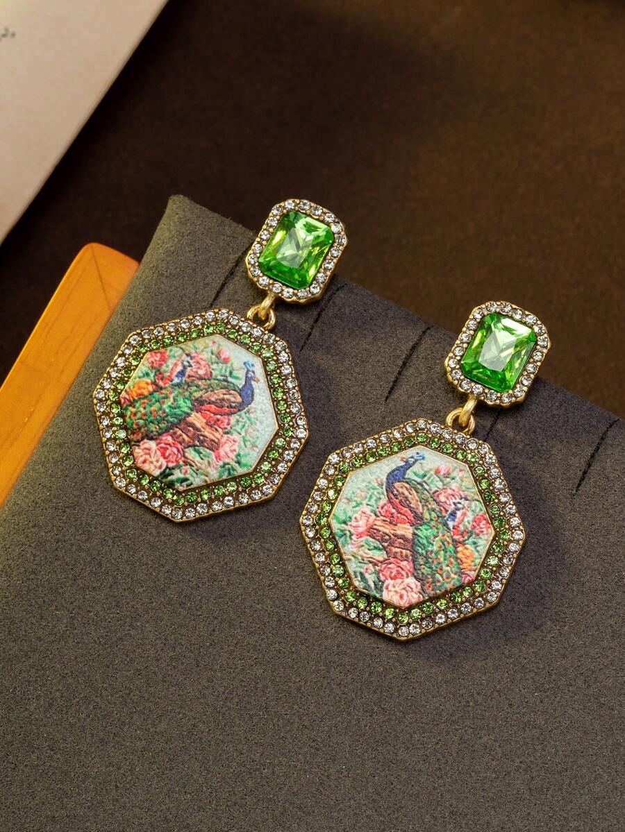 1 Đôi bông tai cổ điển đính đá pha lê màu xanh lá cây hình đa giác họa tiết con công, kiểu dáng thời trang và thanh lịch, phù hợp cho phụ nữ đeo hàng ngày, dự tiệc khiêu vũ, tiệc chiêu đãi, lễ hội và làm quà tặng cho mẹ. - màu xanh lá - Xem 1