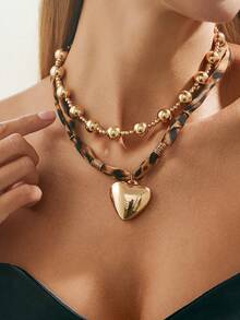 2pcs/Set Bohemian Style CCB Heart Pendant Leopard Print Necklace, Elegant Fashion For Party, Casual Daily Wear, Couple Date, Women's Birthday, Holiday, Versatile Jewelry Gift - Necklace - View 4