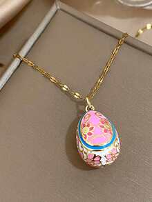 1件18K镀金复古甜美粉色、白色珐琅花卉图案彩蛋吊坠不锈钢项链，女士奢华珠宝，适合复活节、情人节、派对、晚宴、日常佩戴、约会、狂欢节、新年、婚礼、海滩、圣诞节、周年纪念日、优雅妈妈礼物、波西米亚风珠宝、生日礼物、伴娘礼物 - 彩色 - 查看 2