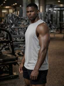 男士纯色无袖健身背心修身训练服 - 淺灰色 - 查看 3