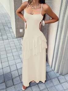 Robe maxi femme Vaiaye, style tropical hawaïen bohème pour vacances à la plage. Couleur unie, élégante, avec bretelles spaghetti, dos nu et fente haute. Convient pour la Saint-Valentin - Nude - Voir 7