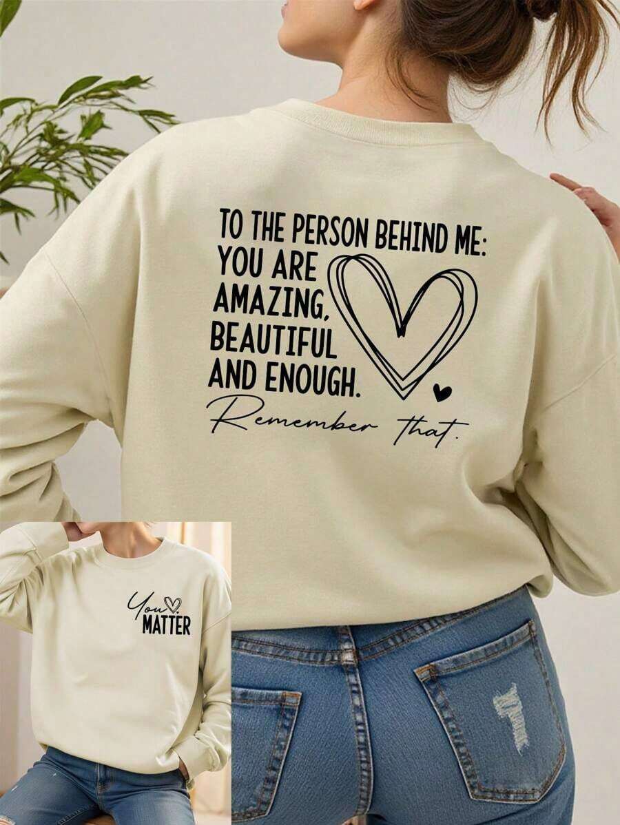 2026 Valentine Outfits For WomenWomen's Casual Everyday Commute Slogan & Heart Print Dropped Shoulder Loose Pullover Sweatshirt, Spring/AutumnLoose And Comfortablevalentine's Day - 杏色 - 查看 1
