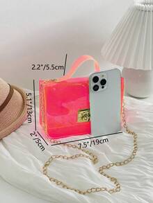 1pc Girls Mini Transparent Fluorescent PVC Material Handbag Chain Shoulder Bag, Casual Cute Phone Pouch, Vacation Coin Purse - Multicolor - View 3