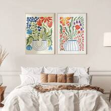 2 件套简约时尚花卉花瓶艺术画 – 带框帆布墙画，明亮装饰海报，适用于客厅书房 - 彩色 - 查看 4