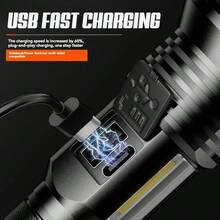 1pc High Power LED Flashlight, USB Rechargeable, Adjustable Zoom, Side COB Tactical Flashlight With Spotlight - Black - View 4