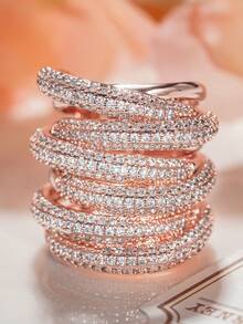 1枚镶嵌立方氧化锆的女士戒指，适合作为婚礼、情人节及其他场合的礼物 - 2# - 查看 1