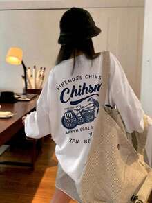 Women's Casual Loose Fit Round Neck Cartoon Letter & Motorcycle Print Long Sleeve Cotton T-Shirt, Spring/Autumn - White - View 2