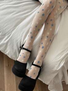 1 Pair Women's Blue & White Star Print Layered Tights, Sweet Y2K Baddie Sheer Skinny Pants, Cute Girlish Jumpsuit, Suitable For Daily Gatherings, Parties, Street Snaps, Casual Outfits - Multicolor - View 3