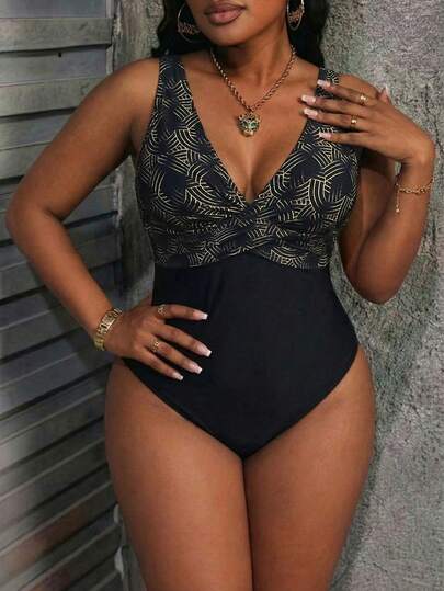Plus Size Shiny Elegant Casual Vacation Beach Graphic Print V-Neck One-Piece Swimsuit