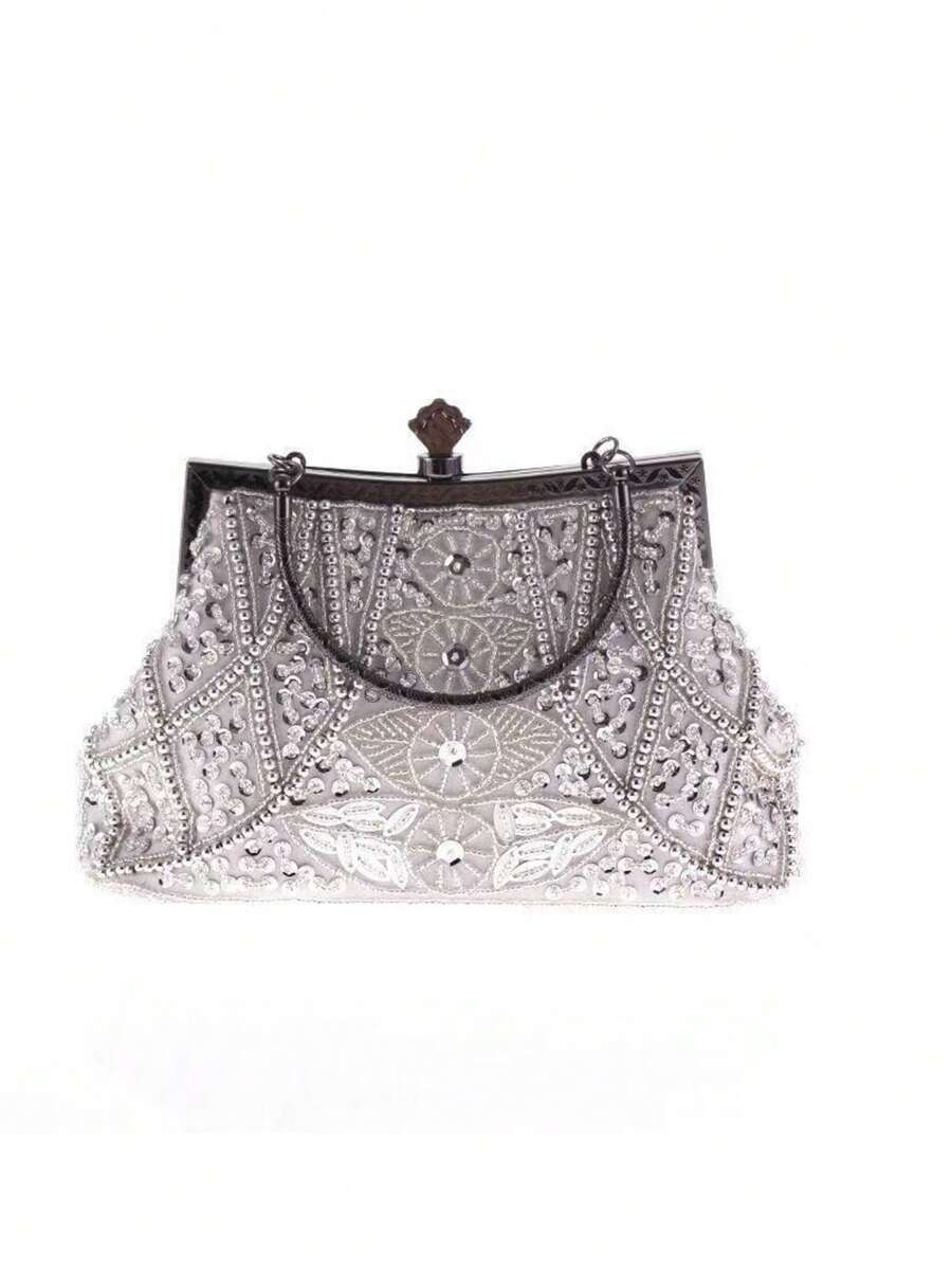 1pc Luxury Silver Handbag With Pearl Embroidery, Quiet Design, Suitable For Dinner, Party, Wedding Gift - Silver - View 1