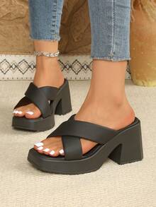 针织扭结厚底粗跟棕色闭趾穆勒凉鞋坡跟单带拖鞋，沙滩派对新款时尚交叉绑带黑色方头高跟鞋白色双带女鞋 - 黑色 - 查看 4