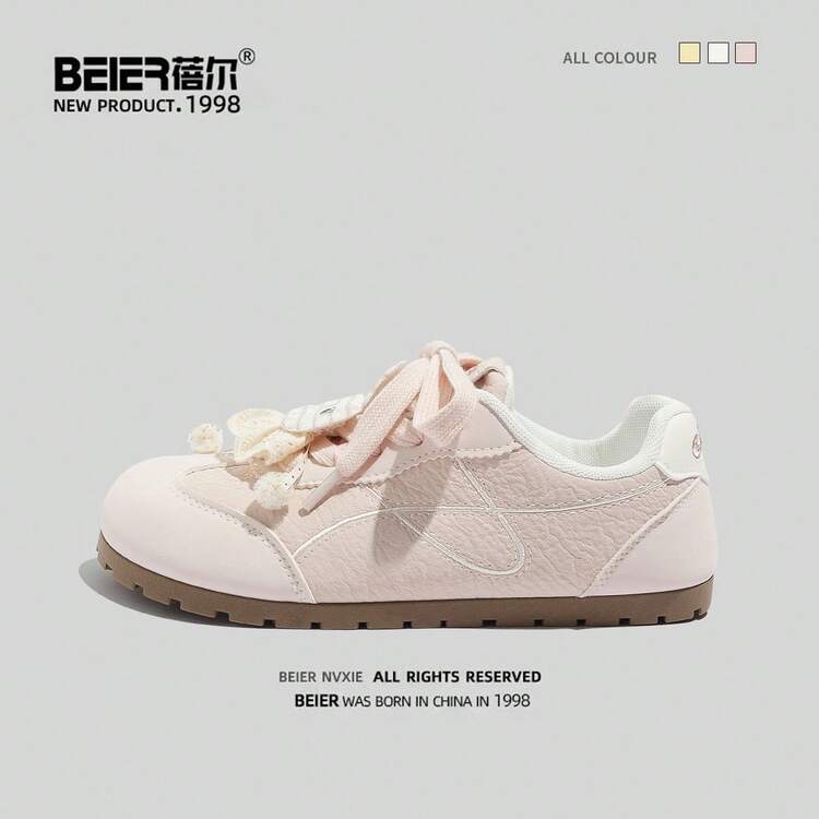 BEIER 新款时尚百搭真皮休闲鞋，女士圆头平底系带运动鞋 - 粉色 - 查看 9