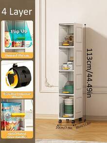 3/4/5/6 Layers Foldable Slim Bathroom Organizers And Storage, Plastic Tall Narrow Storage Cabinet With Movable Wheels, Opening Shelf Organizer For Small Spaces, Bathroom, Kitchen, Laundry - White - View 9