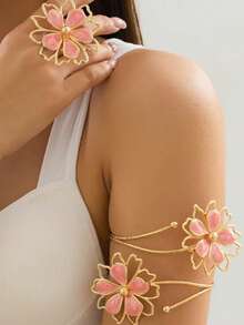 1 Set Elegant & Cute Geometric Hollow Flower Bangle & Adjustable Ring Jewelry Set For Women - Pink - View 3