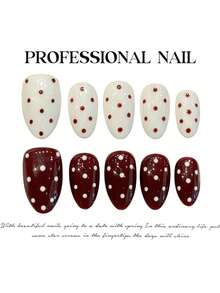 10片装短款杏仁形假指甲，红白波点设计，手工制作，女士日常佩戴美甲用品 - 彩色 - 查看 5