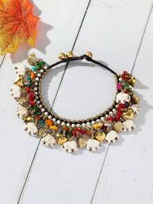 1pc Boho Style Turquoise Copper Accessory, Thai Wax Cord Braided Original Clothing Accessory With Elephant Anklet, Suitable For Women's Daily & Holiday Outfit - 大象腳鍊 - 查看 3
