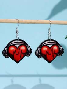 一对创意心形耳机造型亚克力吊坠耳环，可爱独特，适合日常佩戴、节日和派对等场合。 - 彩色 - 查看 1