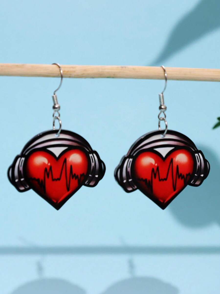 一对创意心形耳机造型亚克力吊坠耳环，可爱独特，适合日常佩戴、节日和派对等场合。 - 彩色 - 查看 1