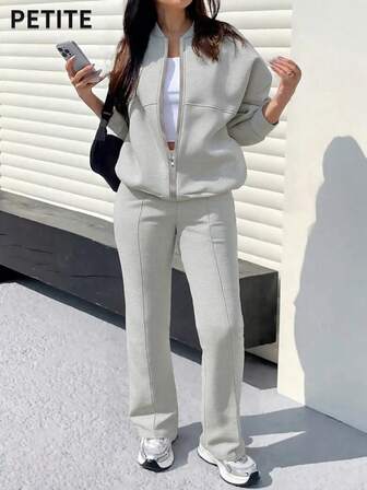 Petite Women's Solid Color Minimalist Sweatshirt Jacket Top And Straight Leg Pants 2 Pieces Set, Autumn/Winter