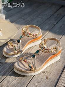 WRCVS Sandal quai ngang dệt màu vàng ánh kim dành cho nữ, sandal đế dày mùa hè, đế dệt thủ công đính hạt với họa tiết hoa ngẫu nhiên, sandal đế xuồng phong cách bohemian nhẹ nhàng cho kỳ nghỉ ngoài trời, phụ kiện du lịch thiết yếu. - Vàng - Xem 7