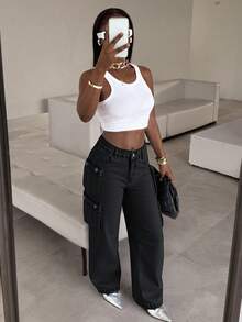 Damen High-Waist Straight Leg Jeans mit Taschen - klassisch Washed, bequeme Passform für den Alltag - Schwarz - Übersicht 3