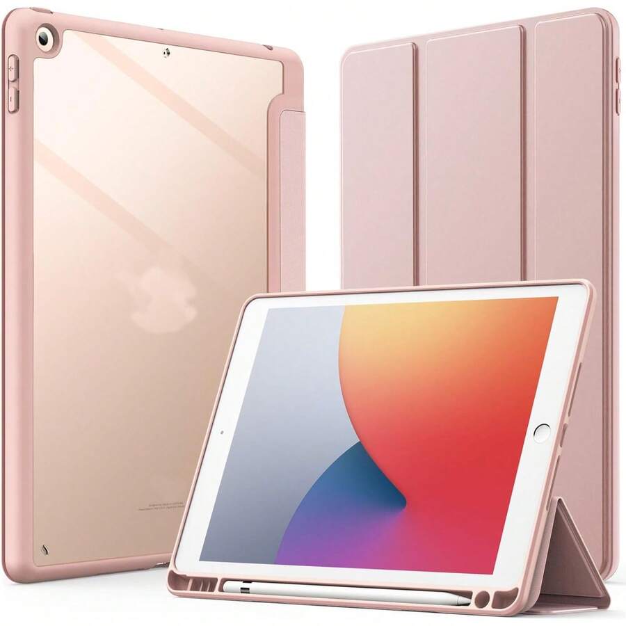 FUWEN Funda para iPad 10.2 Pulgadas (9.a/8.a/7.a Generación, 2021/2020/2019) con Pencil Poseedor, Clara Transparente Carcasa Trasera Delgada Soporte Antigolpes Cover Tableta - Rosa - Ver 1