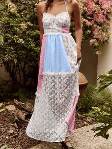 Women Ditsy Floral Contrast Lace Backless Sleeveless Halter Long Dress, Boho,Vacation, Wedding, Summer Dress, Vacation Outfits Women,Old Money,  Saint Patrick  St Patrick Day Outfit, Easter Dress Women,Backless Dress, Cowgirl Outfit, Wedding Dress - Multicolor - View 8