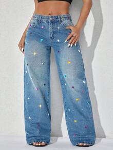 Pearl Decor 低腰阔腿休闲蓝色牛仔裤，斜插口袋，女士春季款 - 寶藍色 - 查看 5