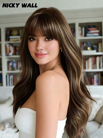 NICKY WALL 24英寸长棕色波浪假发，优雅波浪卷发，自然刘海，高品质柔软合成纤维假发，适合日常佩戴，也适合节日派对，是送给初学者的完美礼物，无需胶水即可佩戴假发。