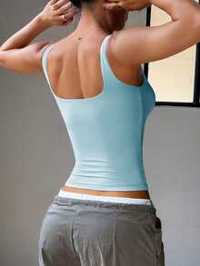 Áo tank top thể thao nữ Aoqta Sports mùa hè, màu trơn, không tay, hở lưng, có đệm ngực, dáng ôm, thích hợp cho yoga, chạy bộ, tập luyện và mặc hàng ngày. - Màu xanh lam - Xem 3