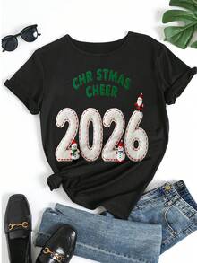 Women's Christmas Graphic Print Short Sleeve T-Shirt Crew Neck "CHRISTMAS CHEER 2026" Gnome Snowman Pattern Casual Holiday Party Tee Top - Black - View 5