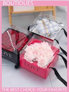 1pc Large Floral Paper Gift Bag, Portable Bouquet Tote Bag With Ribbon Handle, Rectangular Wedding Gift Packaging Bag, Small Flower Shop Handbag, Suitable For Wedding, Mother's Day, Valentine's Day, Birthday, Etc. (Pink, Black, Red, White) - Multicolor - View 2