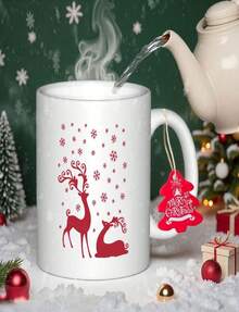 Vintage 11 Oz Ceramic Mug With Red Deer And Snowflake Design - Hand Wash Only, Unique Idea For Coffee Lovers In The Workspace, Reusable - White - View 1