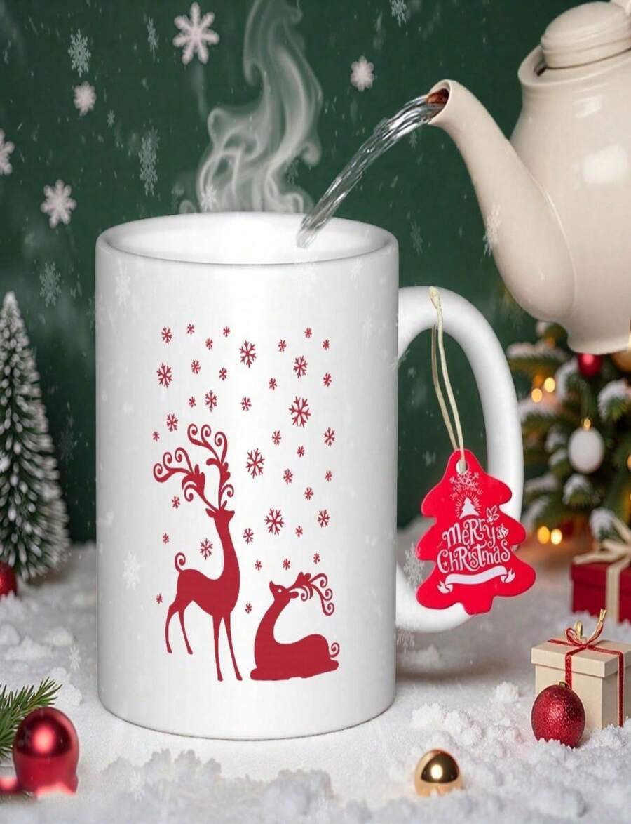 Vintage 11 Oz Ceramic Mug With Red Deer And Snowflake Design - Hand Wash Only, Unique Idea For Coffee Lovers In The Workspace, Reusable - White - View 1
