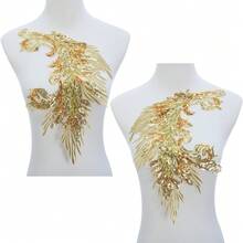 [Free Shipping]Silvora Pair Embroidery Phoenix Costume Sequin Appliques Patches, Peacock Feather Tail Applique Embellishments For Dance Dresses,Clothes,T-Shirt,Neckline Bodice Pants (Gold) - 金子 - 查看 3
