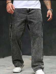 Stonewashed Cargo Pants, Bagg Street Style, Loose Fit, Zipper Pocket, Button Detail, Halloween, Christmas - 吸食大麻 - 查看 1